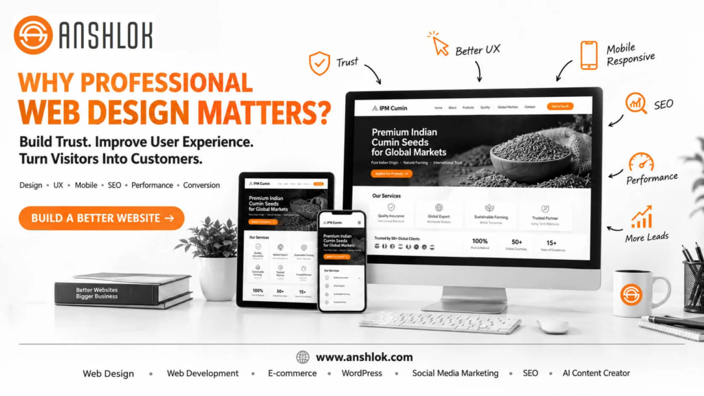 Why professional web design for business growth showing responsive website design, UX, branding and conversion elements